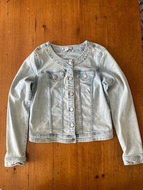 Tribal Jeans Collarless Light Wash Distressed Stretch Denim Jean Jacket